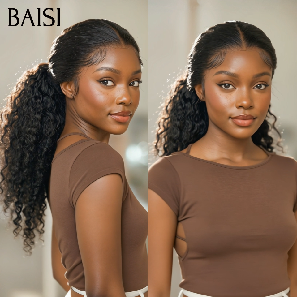 BAISI  Perruque Coiffée 13x4 lace frontale en chignon bun NOIR curly wave en 100% vrais cheveux humains