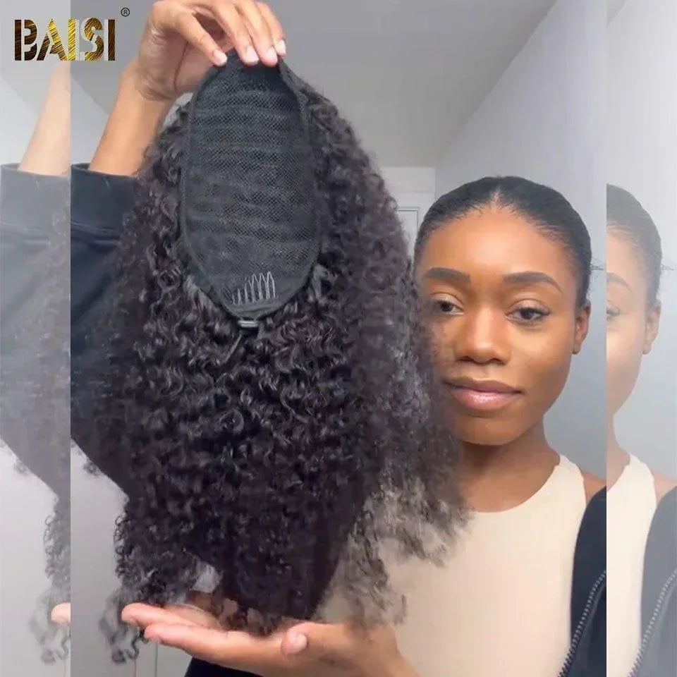 BAISI demi-perruque extension chignon ponytail 16Pouces 129€  En Couleur Noir CURLY en 100% cheveux humains