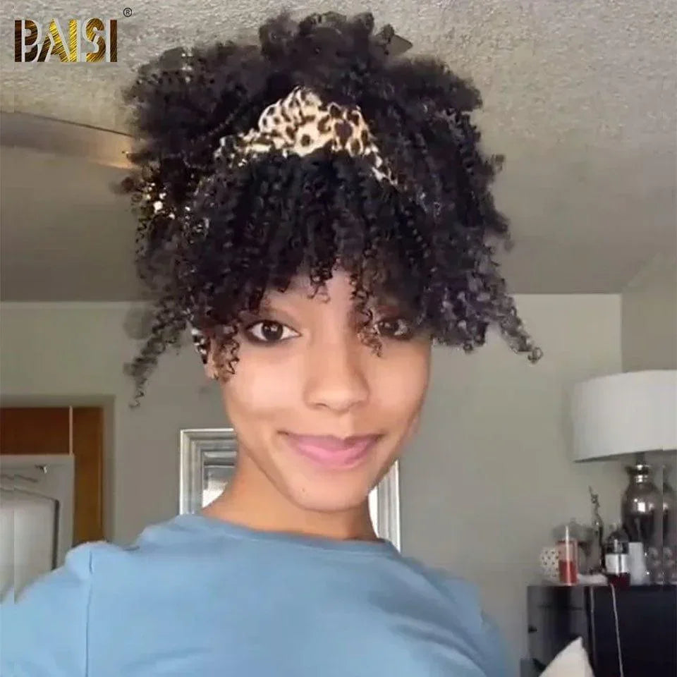 BAISI  Perruque BOB kinky curly sans lace sans colle avec bandeau à la mode synthetic hair  en Couleur noir   Code : BS120