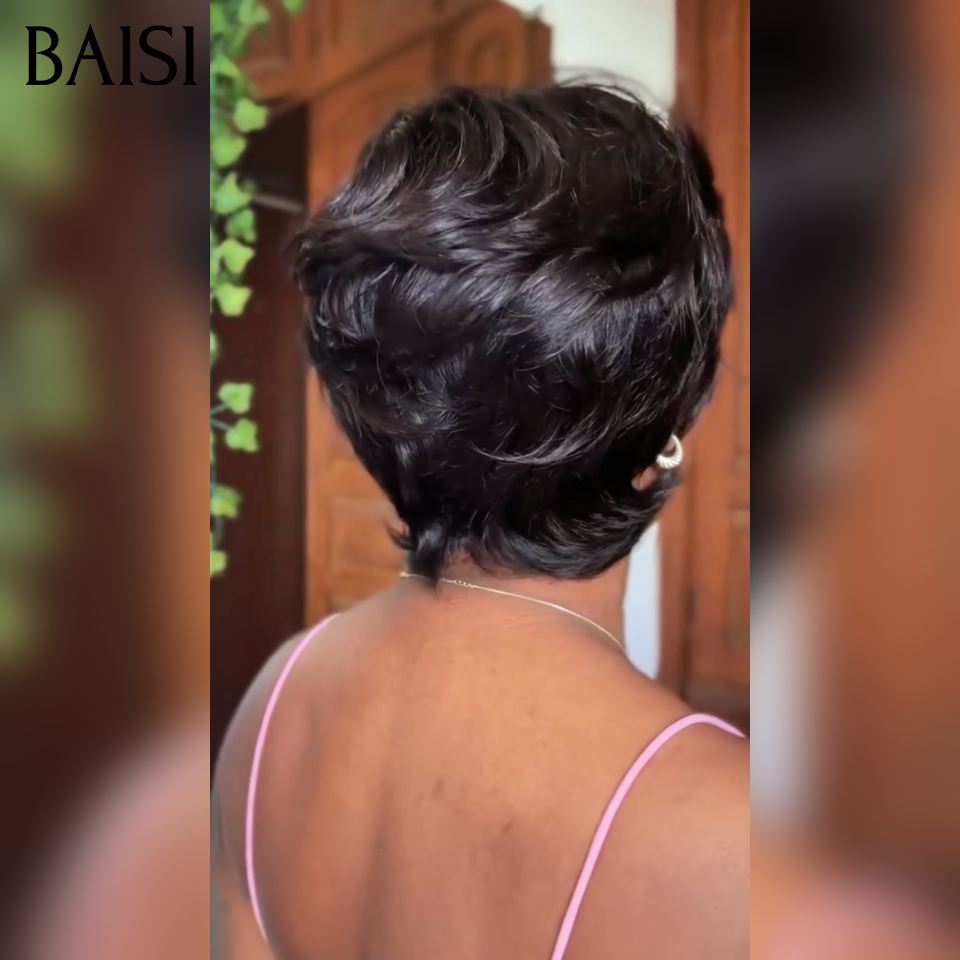 BAISI  Perruque sans colle  Lisse  noir 1B# pixie en  déjà Sans Colle 100% Cheveux Humains