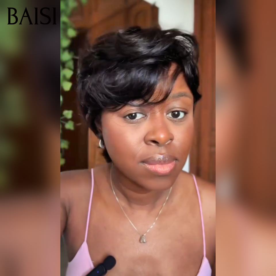 BAISI  Perruque sans colle  Lisse  noir 1B# pixie en  déjà Sans Colle 100% Cheveux Humains
