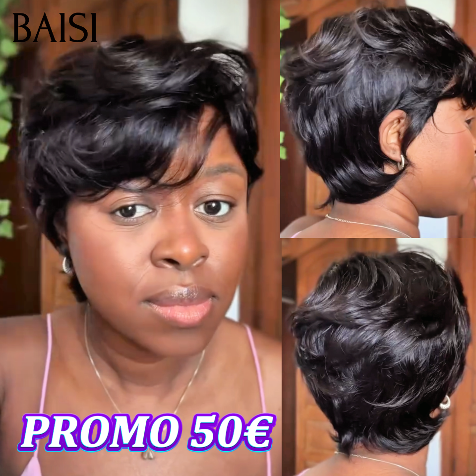BAISI  Perruque sans colle  Lisse  noir 1B# pixie en  déjà Sans Colle 100% Cheveux Humains