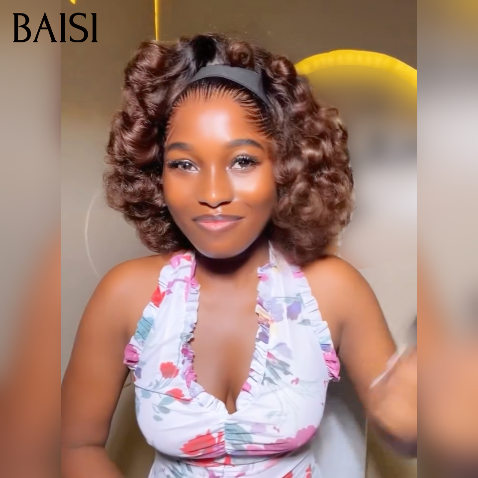 BAISI Promotion Perruque Avec bandeau egg wave 12 pouces 129€ marron 4# en 100% Cheveux Humains