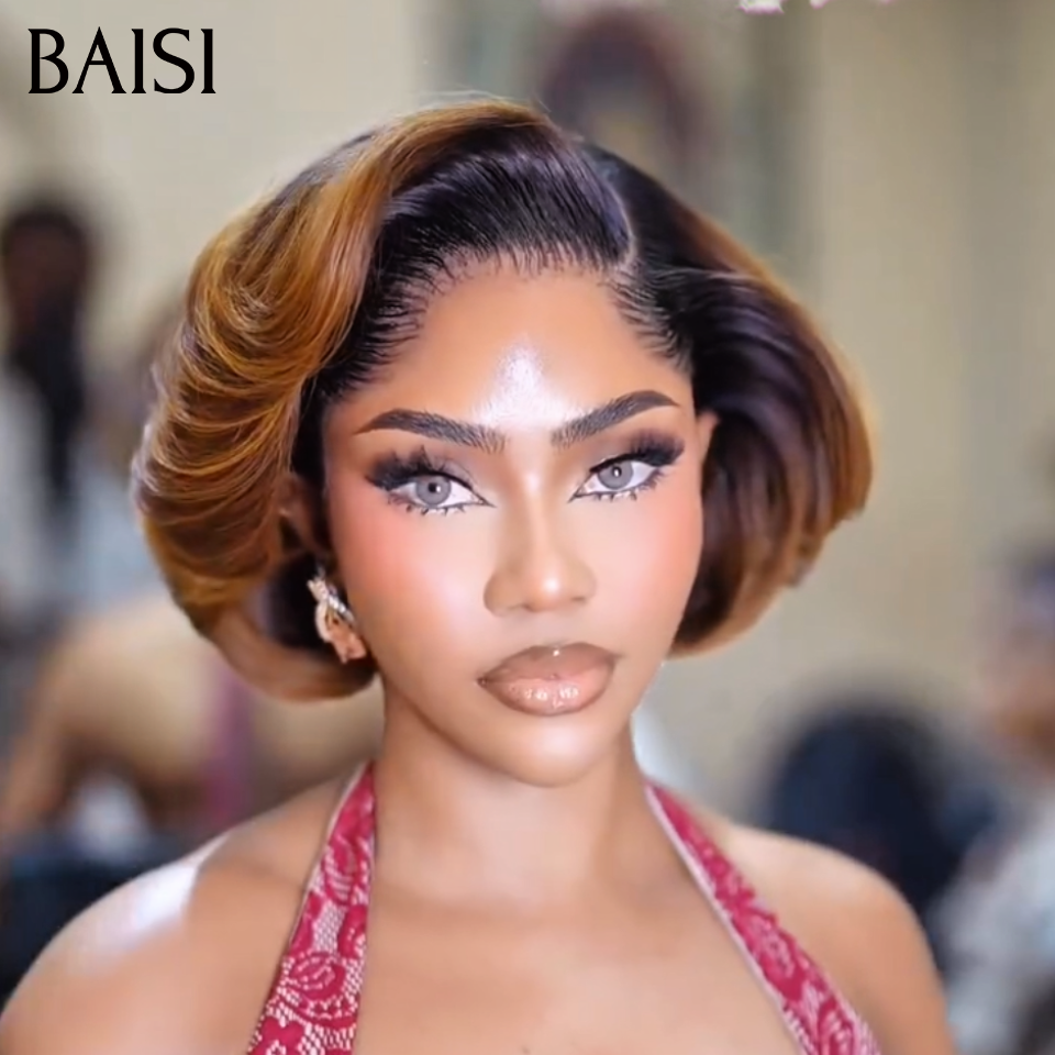 BAISI Perruque Pixie Lisse Correspondance spéciale des couleurs En couleur marron 1BT4# ou Orange mix Rouge Bordeaux 99J en 100% Cheveux Humains