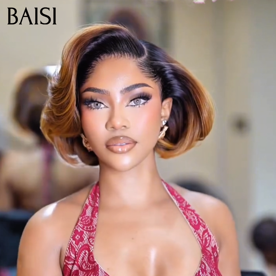 BAISI Perruque Pixie Lisse Correspondance spéciale des couleurs En couleur marron 1BT4# ou Orange mix Rouge Bordeaux 99J en 100% Cheveux Humains