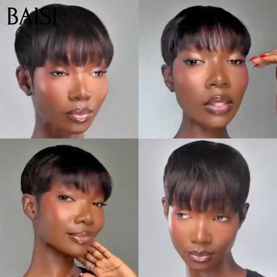 BAISI  sans colle pixie lisse Fabriqué à la Machine 40€ ou 13X4 afro curly en Couleur 4#27# -905 en 100% Vrais Cheveux Humains D