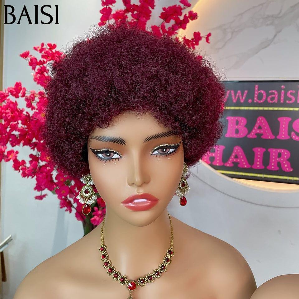 BAISI 2 Couleur Perruques 75€ Pixie Afro sans lace sans colle bouclé partout Marron 4# et bordeaux 99J# en 100% cheveux humains