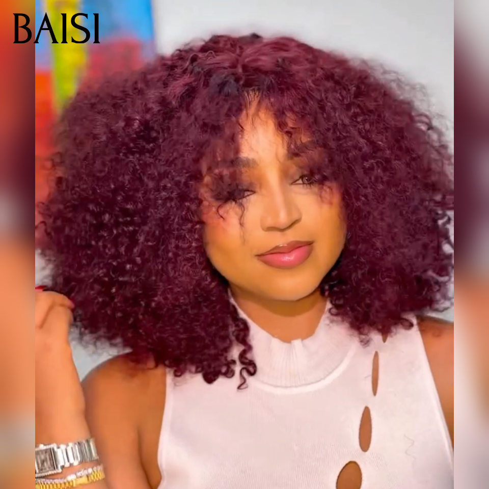BAISI Perruque curly avec Frange 12 Pouces 85€ couleur 99J# bordeaux sans Colle ou 20 pouces densité 300% 249€ 13x4 lace en 100% Cheveux Humain Hair