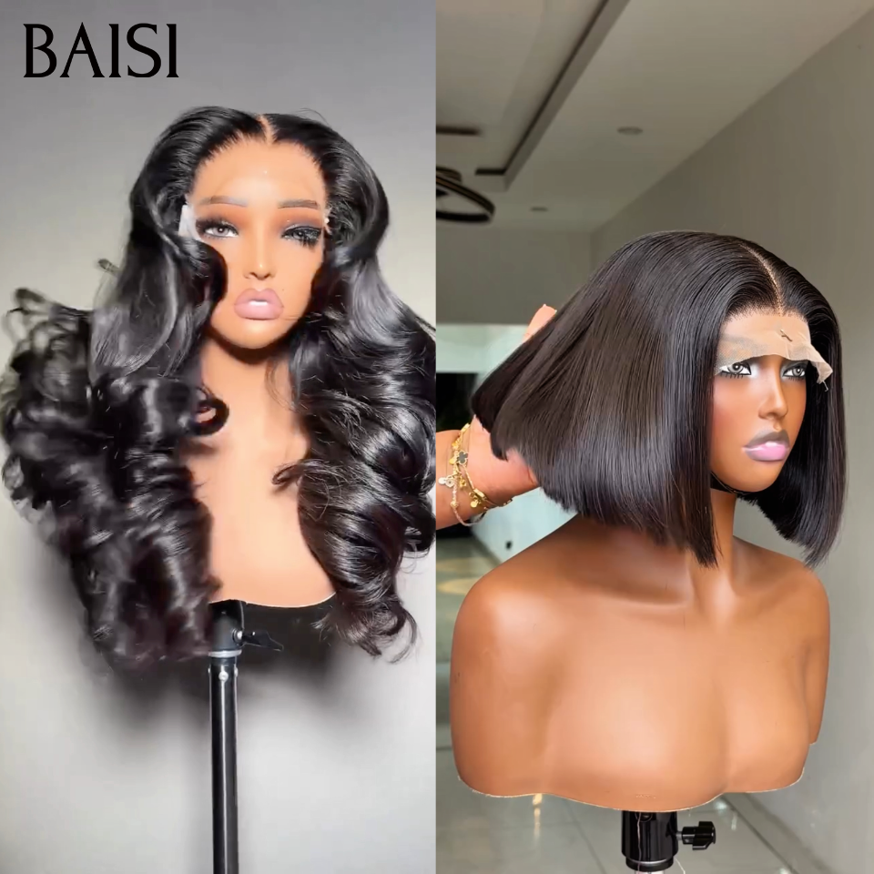 BAISI 2 Perruques Achetez 1 + 1 Gratuite = 159€ body wave 13x4 frontale 20 pouces et Lisse 4x4 closure 10 pouces Noir en 100% vrais cheveux humains