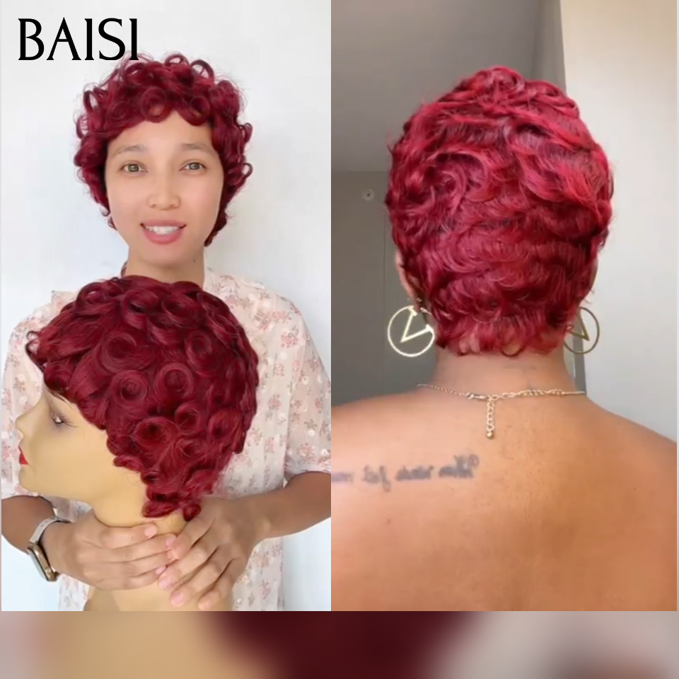 BAISI Perruque chioma pixie finger wave Fabriqué à la Machine Cliente très contente 45€ en couleur Bordeaux 99J# en 100% Cheveux Humains
