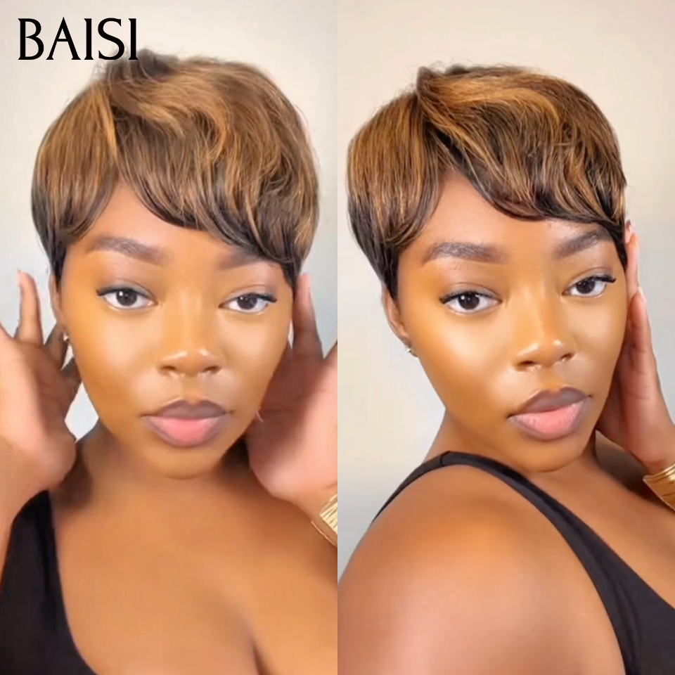 BAISI Perruque Fabriqué à la Machine Pré-plucked Pas Besoin de Colle Pixie PROMO 45€ en 100% vrais cheveux humains WG