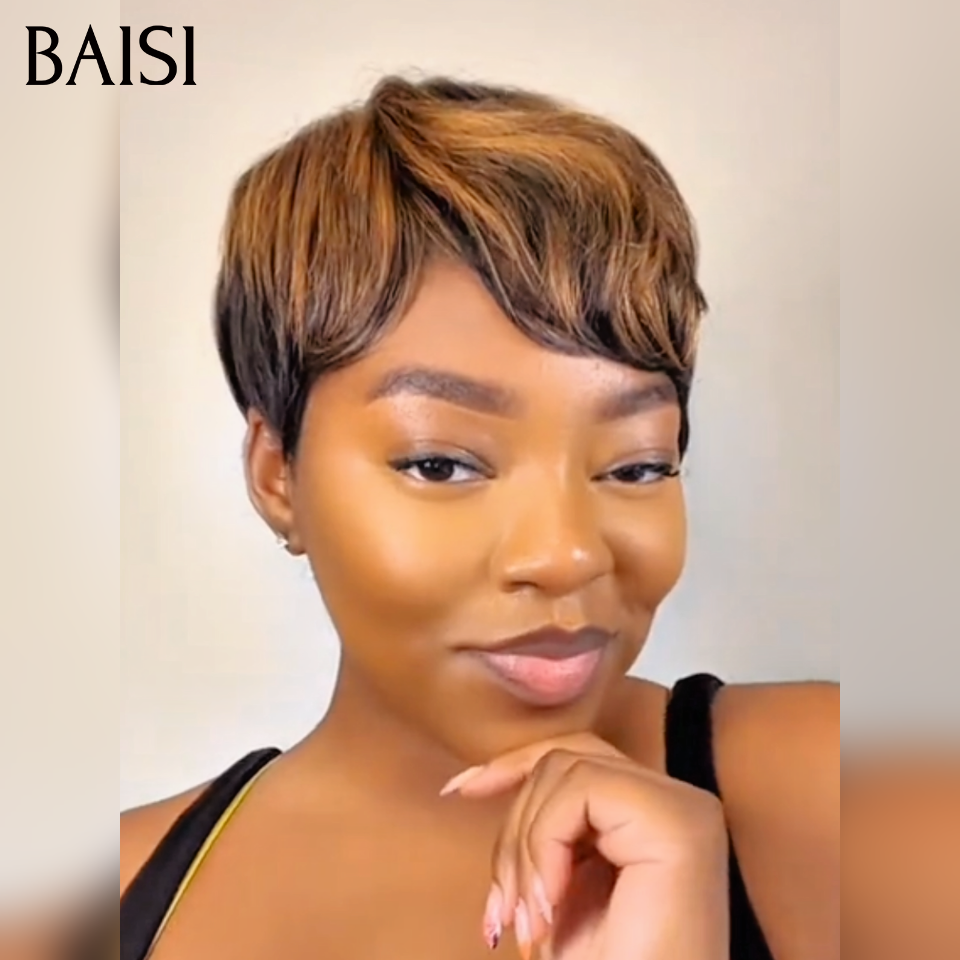 BAISI Perruque Fabriqué à la Machine Pré-plucked Pas Besoin de Colle Pixie PROMO 45€ en 100% vrais cheveux humains WG