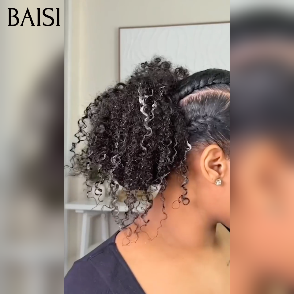 BAISI demi-perruque Prêt-à-porter extension chignon ponytail 16 Pouces 169€  En Couleur Noir kinky curly CURLY en 100% cheveux humains
