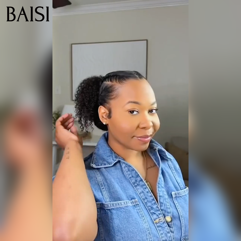 BAISI demi-perruque Prêt-à-porter extension chignon ponytail 16 Pouces 169€  En Couleur Noir kinky curly CURLY en 100% cheveux humains