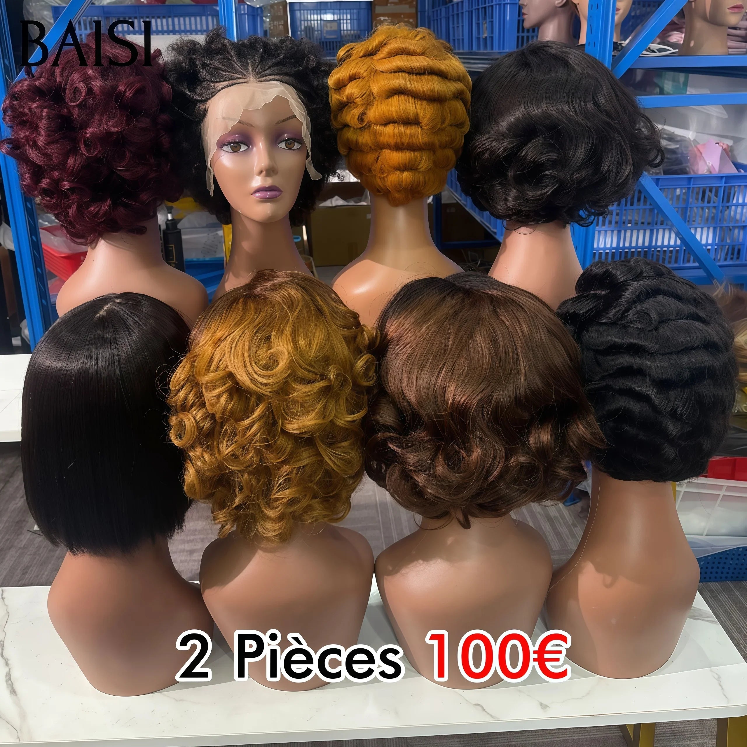 BAISI 2 perruques 100€ Vente en gros 4 combinaisons différentes au choix en 100% vrais cheveux humains
