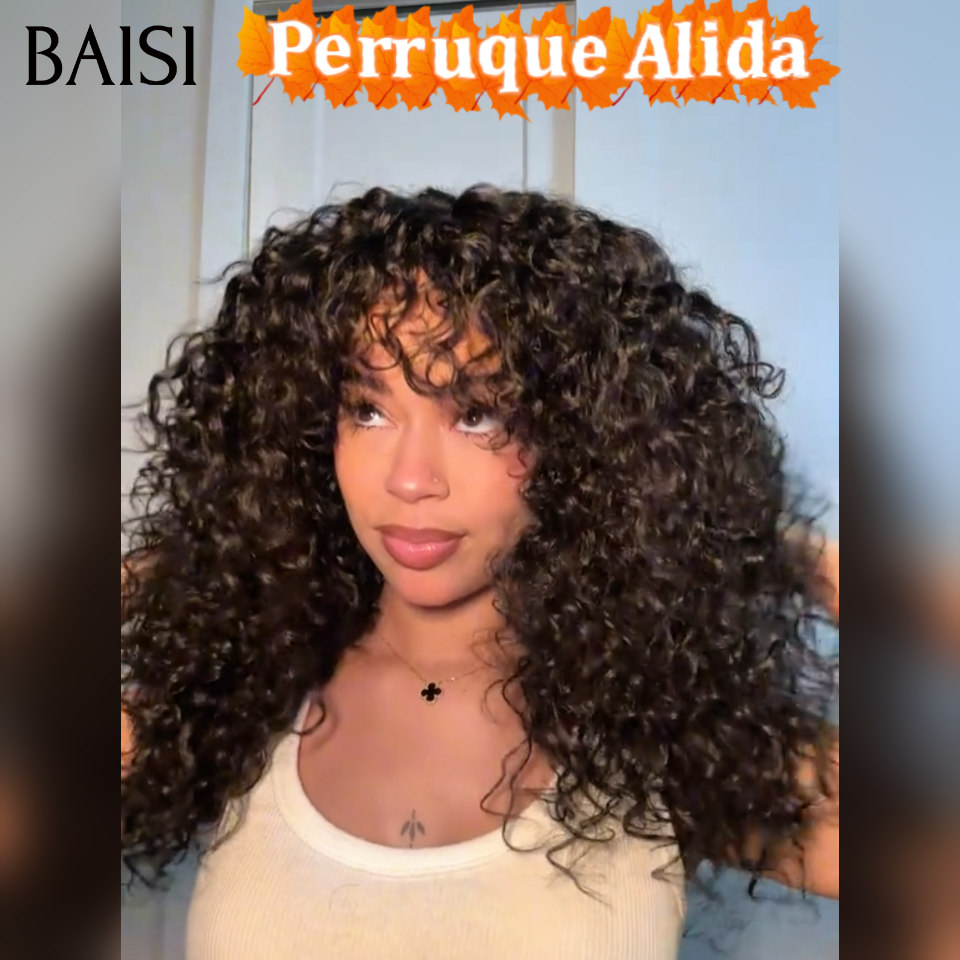 BAISI Perruque promotion Facile à porter water wave curly avec Frange en sans Colle 12 Pouces 89€ en Confortable et haut de gamme 100% Cheveux Humains