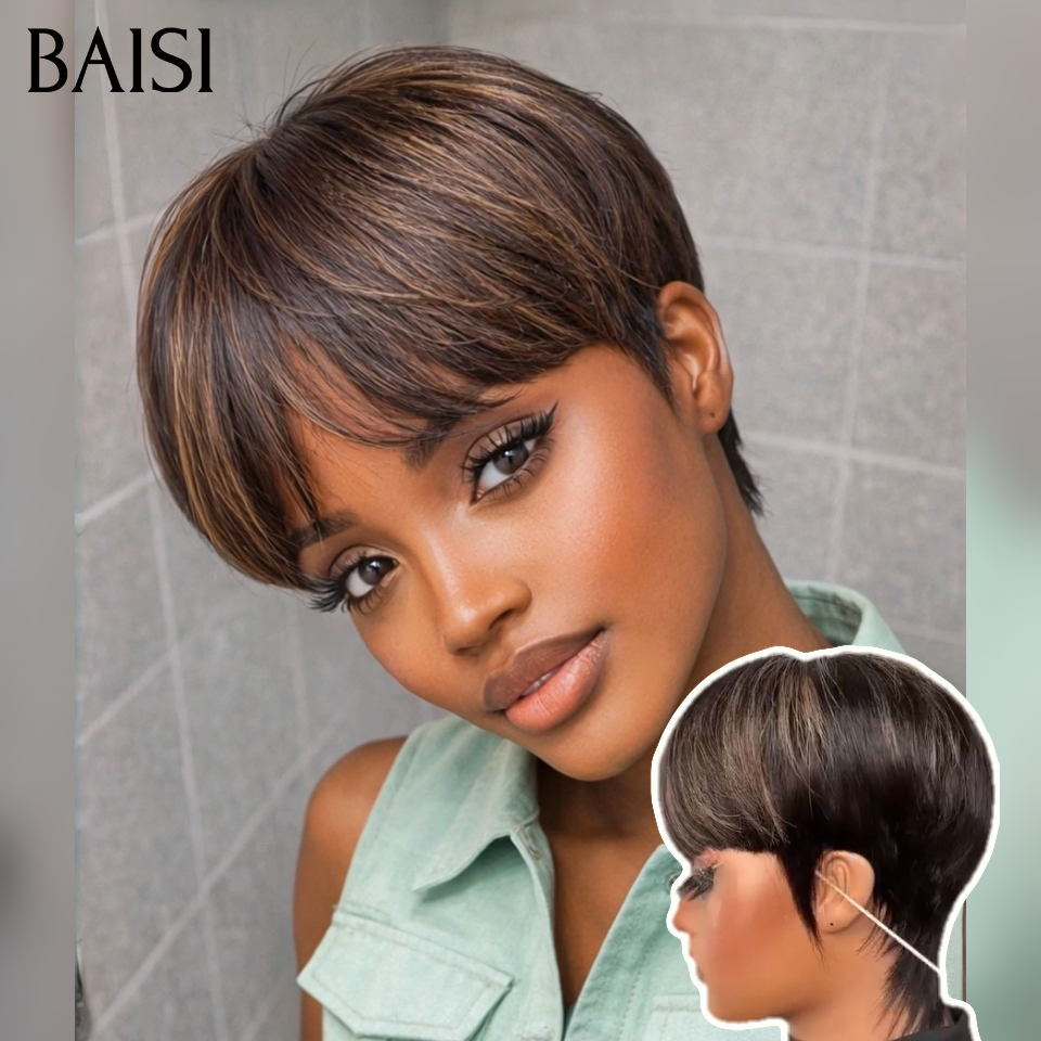BAISI promotion 66€ Fabriqué à la Machine avec Frange Couleur mixte en sans Colle facile à porter Confortable en 100% Cheveux Humains