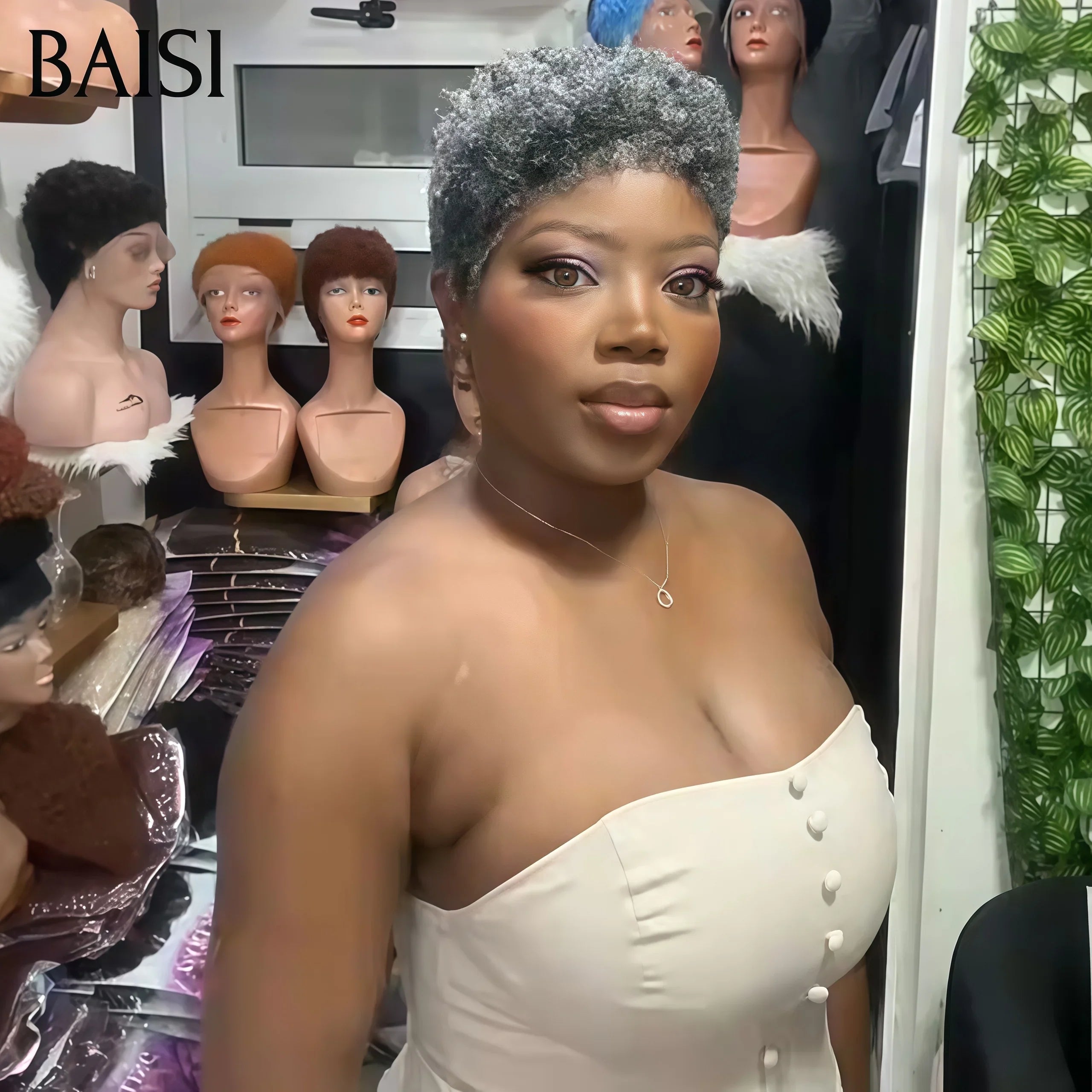 BAISI Pixie Afro Curl Wig 13x4 renda frontal encaracolada toda preta em cabelo 100% humano F-905