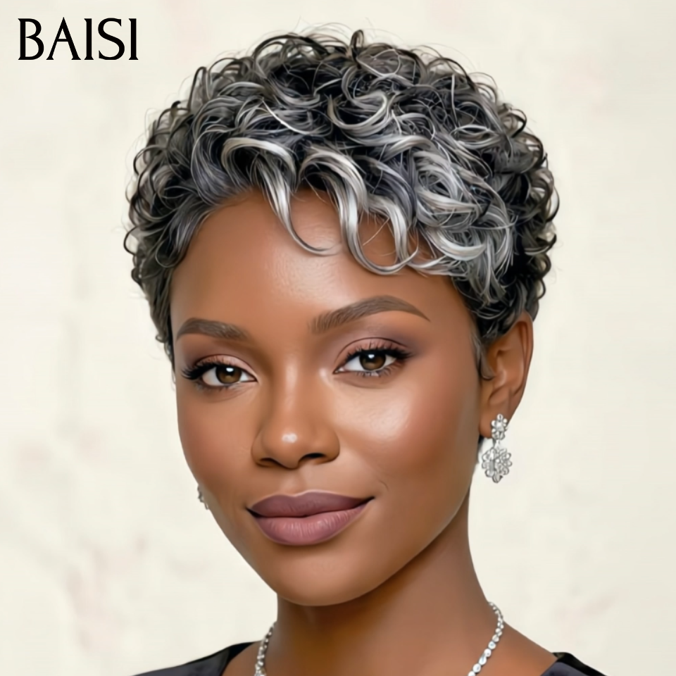 BAISI Usine de Perruques PROMO Chioma Pixie Gris rien que 79€ sans Colle Fabriqué à la machine facile à porter en 100% vrais cheveux humains