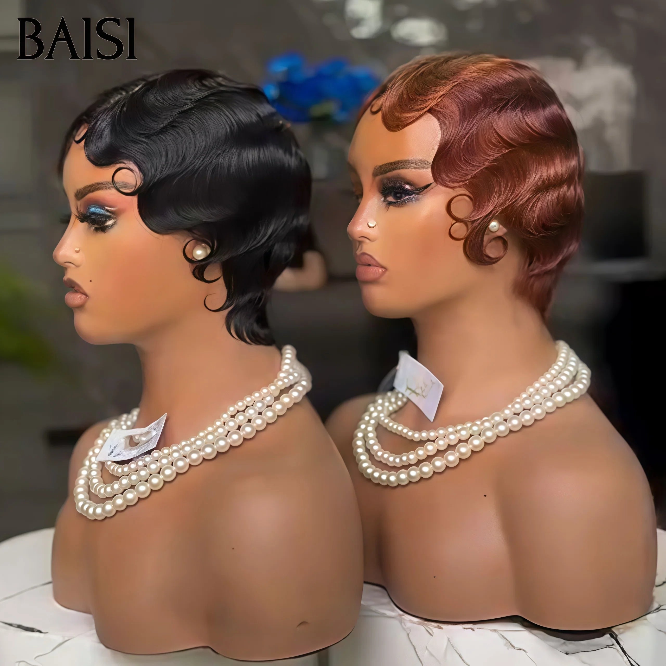 BAISI 13X4 peruca curta onda de dedo Pixie na cor rosa € 88 em cabelo 100% humano BS50