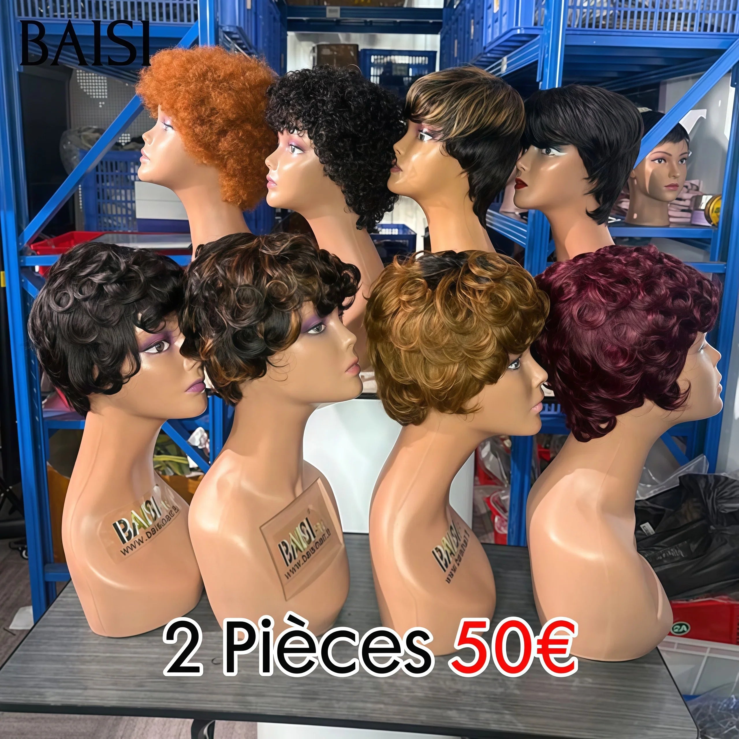 BAISI 2 perruques 50€ Vente en gros 4 combinaisons différentes au choix pixie finger wave et afro curly en 100% vrais cheveux humains