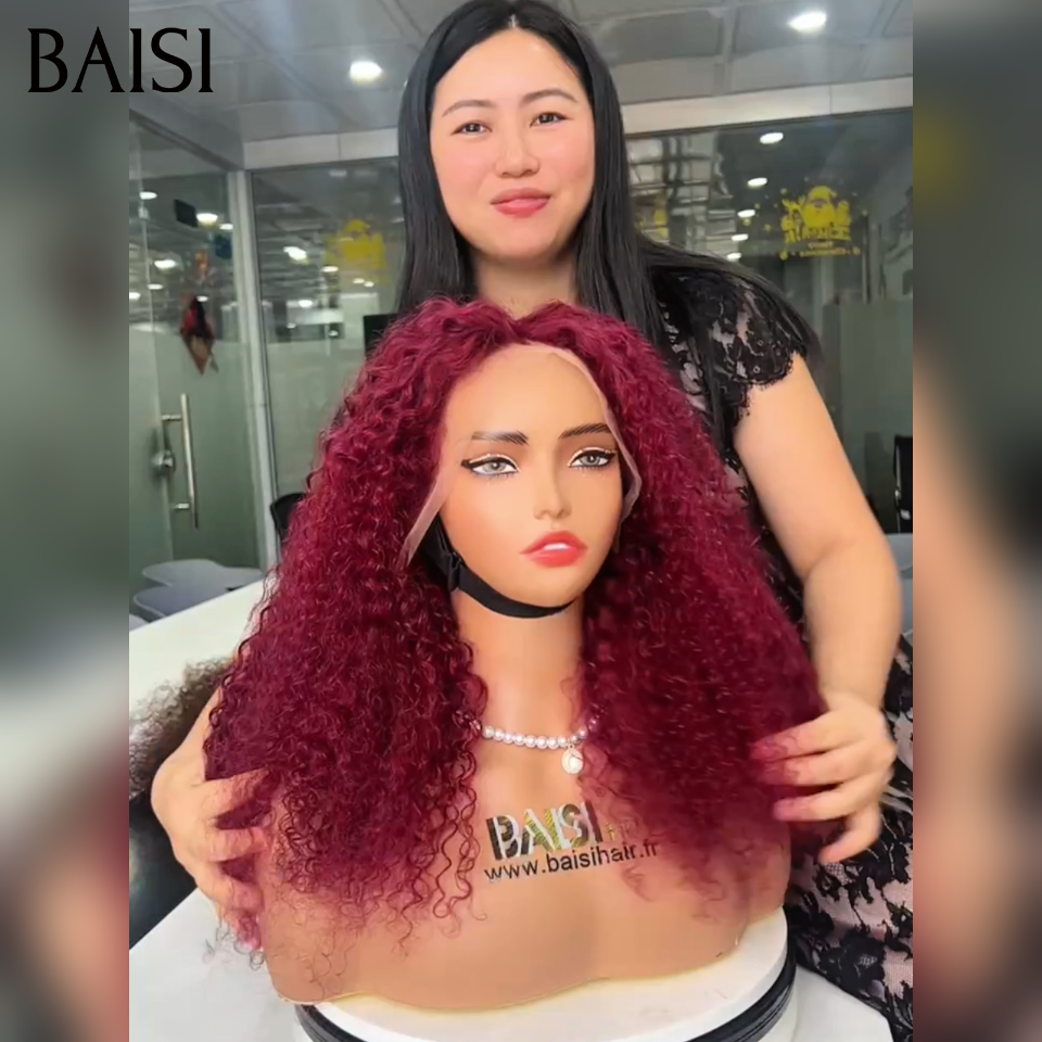 BAISI Recommandée lace Frontale 13X4 perruque Curly wave bordeaux #99J 300% volume 20 pouce en 100% cheveux humains