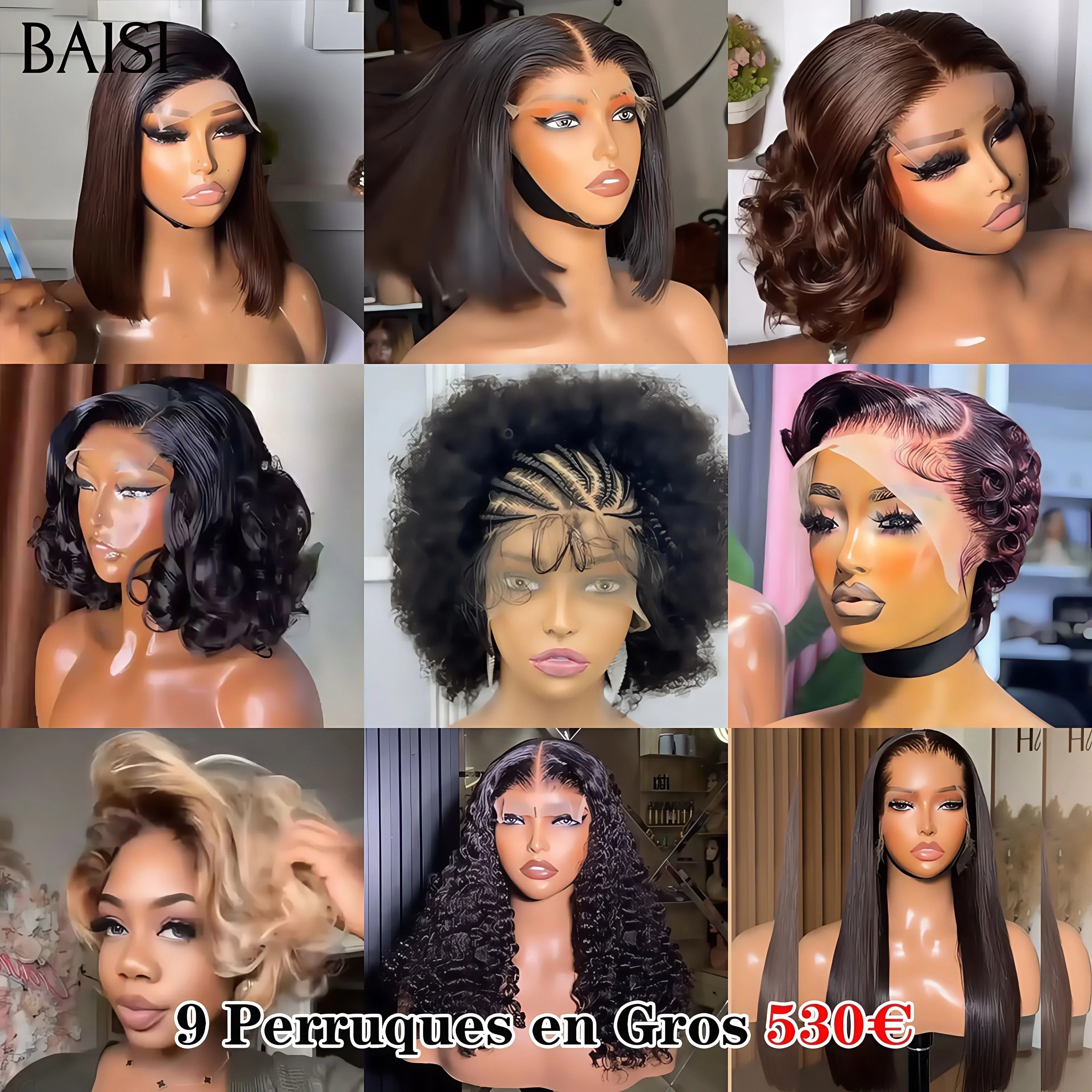 BAISI Lot de 9 perruques Flash Offer PROMOTION 530€ 9 styles de perruques différents et Différentes couleurs 100% Comme indiqué sur l'image en 100% vrais cheveux humains