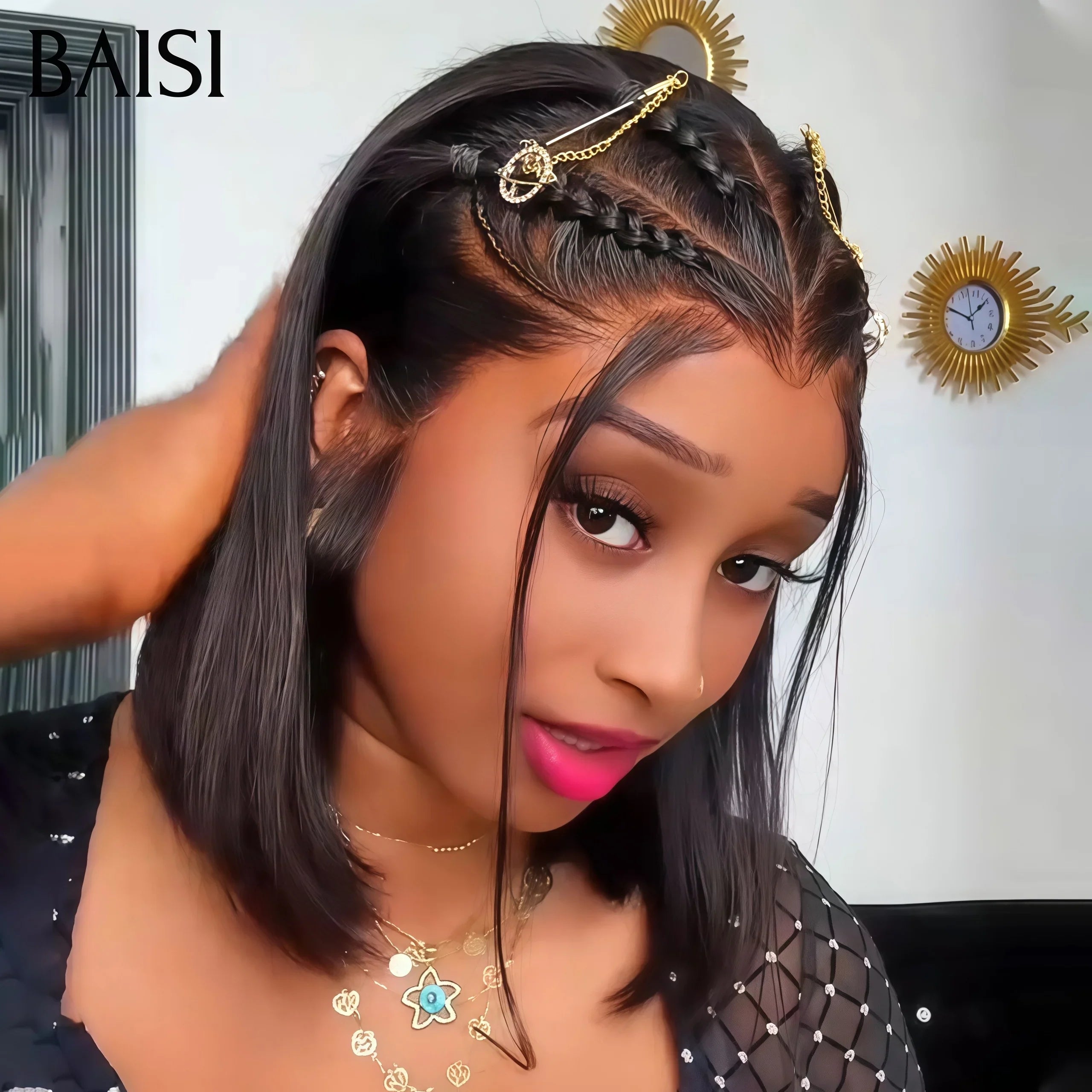 BAISI Grande lace frontale avec natte Lisse Bob 12 Pouces 119€ 100%Comme le montre l'image en 100% vrais cheveux humains