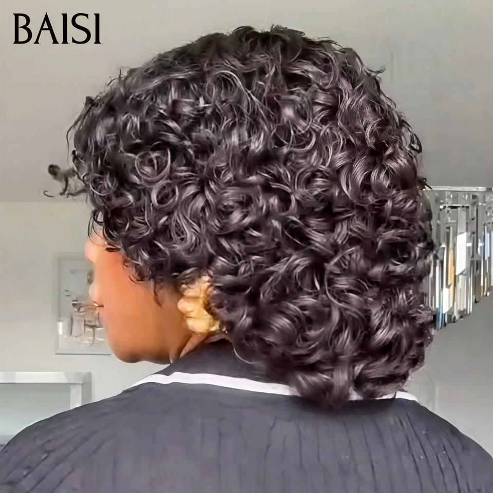 BAISI Perruque 4X4 lace Raie sur le côté en couleur NOIR curly wave 10 Pouces 76€ Sans Colle Prêt-à-porter en 100% Cheveux Humains