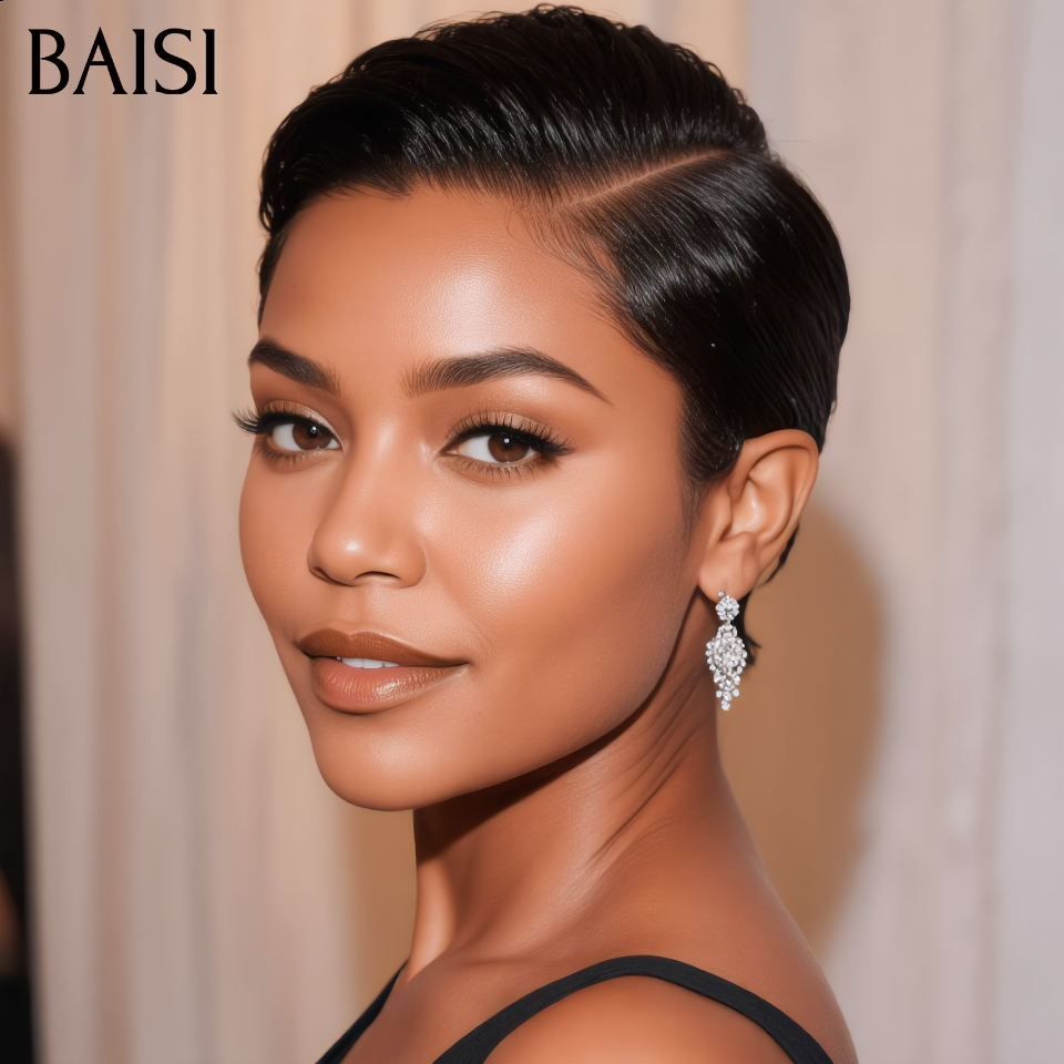 BAISI Collection Perruques Pixie Afro Curly NOIR 46€ Sans Colle Coupe vibrante Fabriqué à la Machine ou Avec Frontale 59€ en 100% Cheveux Humains