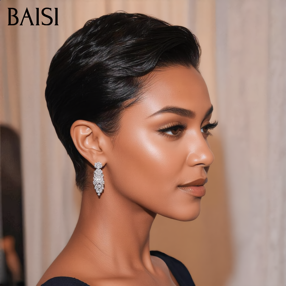 BAISI Collection Perruques Pixie Afro Curly NOIR 46€ Sans Colle Coupe vibrante Fabriqué à la Machine ou Avec Frontale 59€ en 100% Cheveux Humains