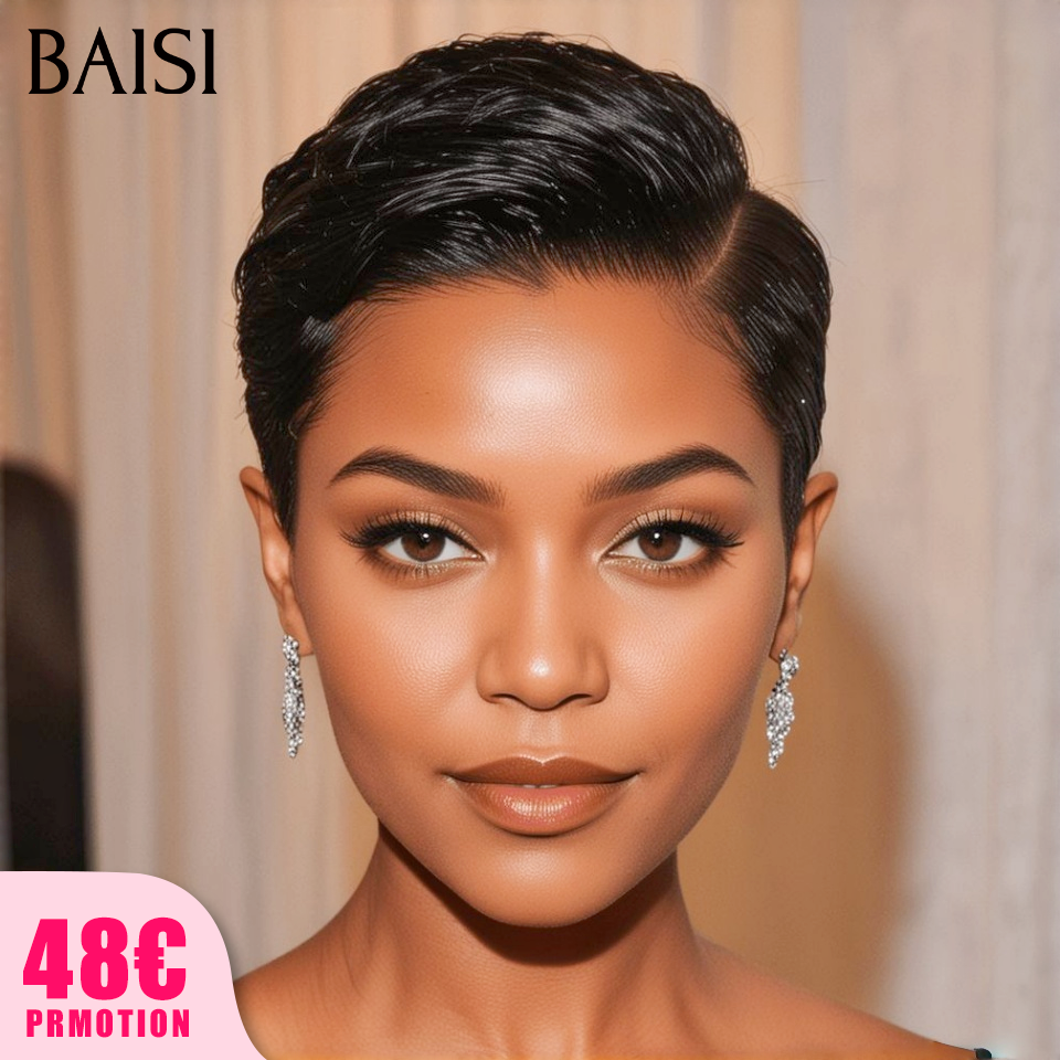 BAISI Collection Perruques Pixie Afro Curly NOIR 46€ Sans Colle Coupe vibrante Fabriqué à la Machine ou Avec Frontale 59€ en 100% Cheveux Humains