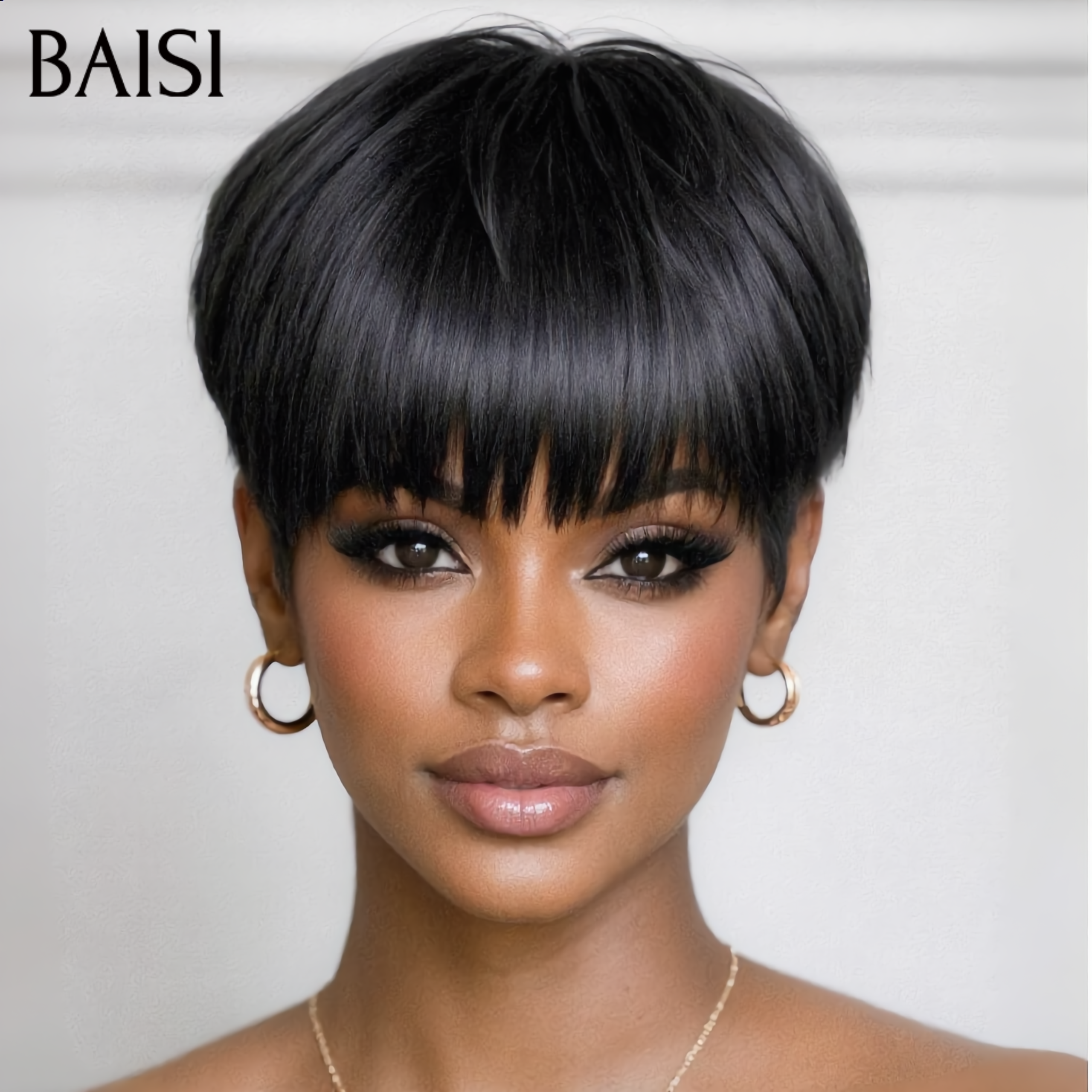 BAISI pixie 42€ em Cor Castanho Mix Mel 4#27# 9047 Pixie Preto #026 corte curto fabricado à máquina Sem Cola Sem Lace