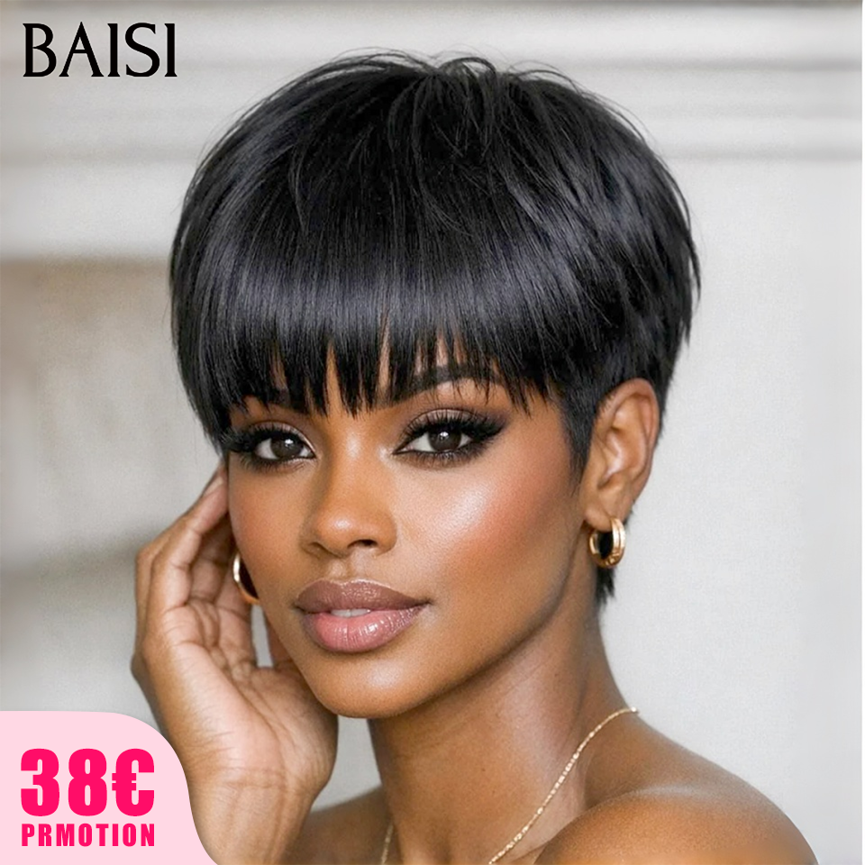BAISI pixie 42€ em Cor Castanho Mix Mel 4#27# 9047 Pixie Preto #026 corte curto fabricado à máquina Sem Cola Sem Lace