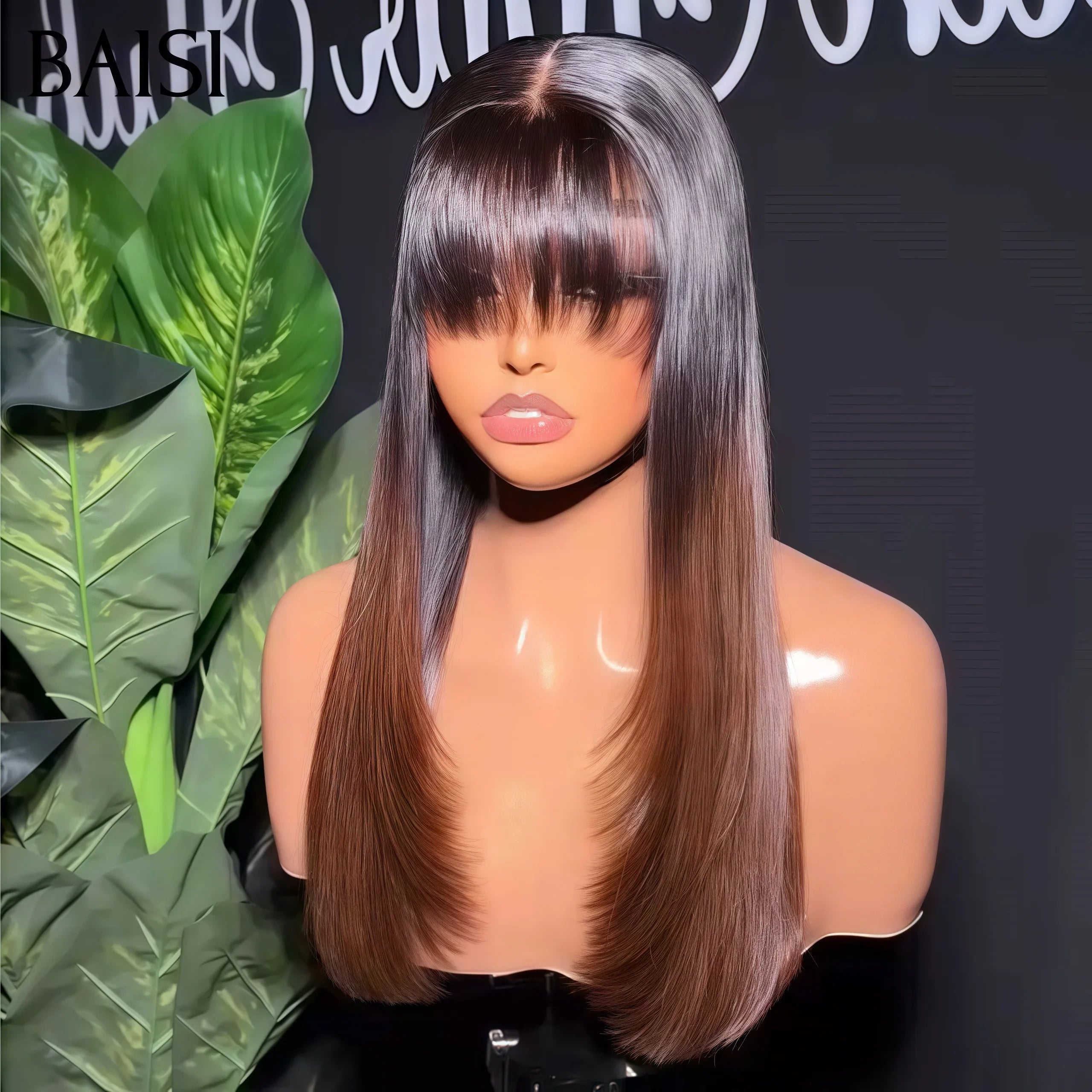 BAISI Perruque SDD bone straight de Luxe Lisse Marron avec racine noir 1B#4 Avec Frange FABRIQUÉ À LA MACHINE  en 100% Cheveux Humains