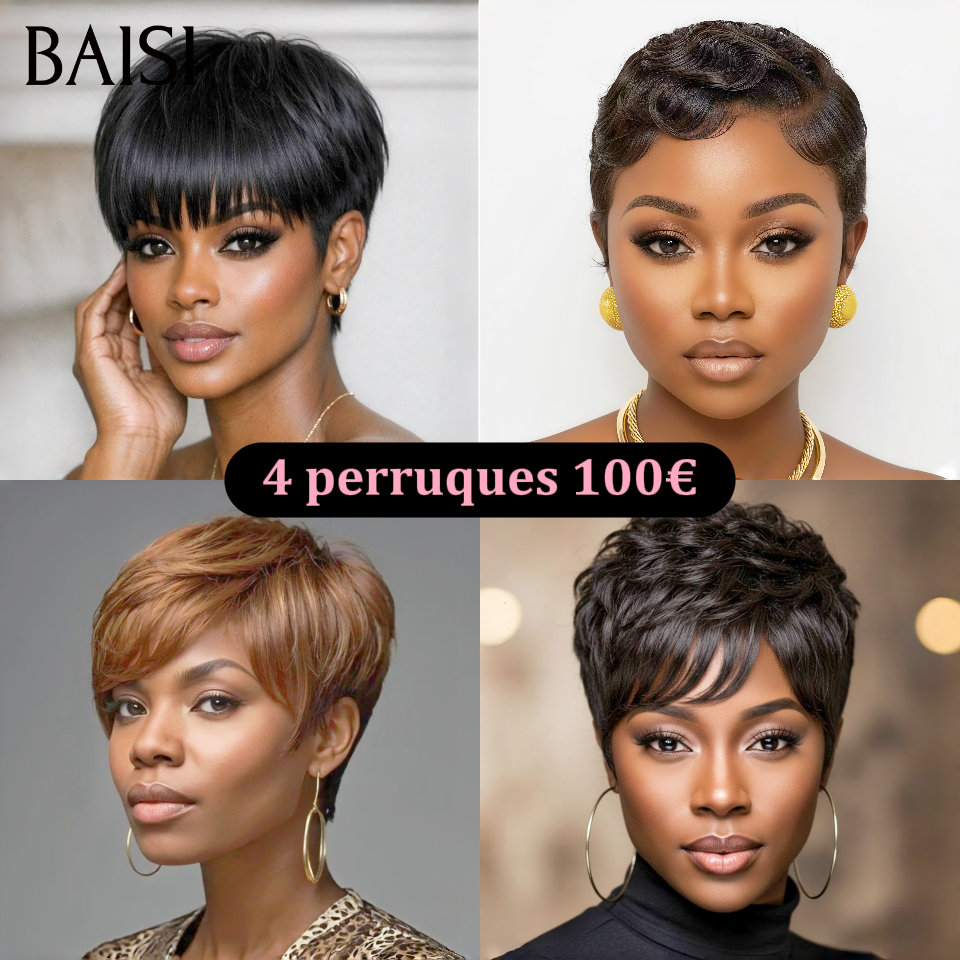 BAISI HAIR FR 4 Perruques Petite Coupe 100€ Changer de Look Tous les Jours en 100% Cheveux Humains