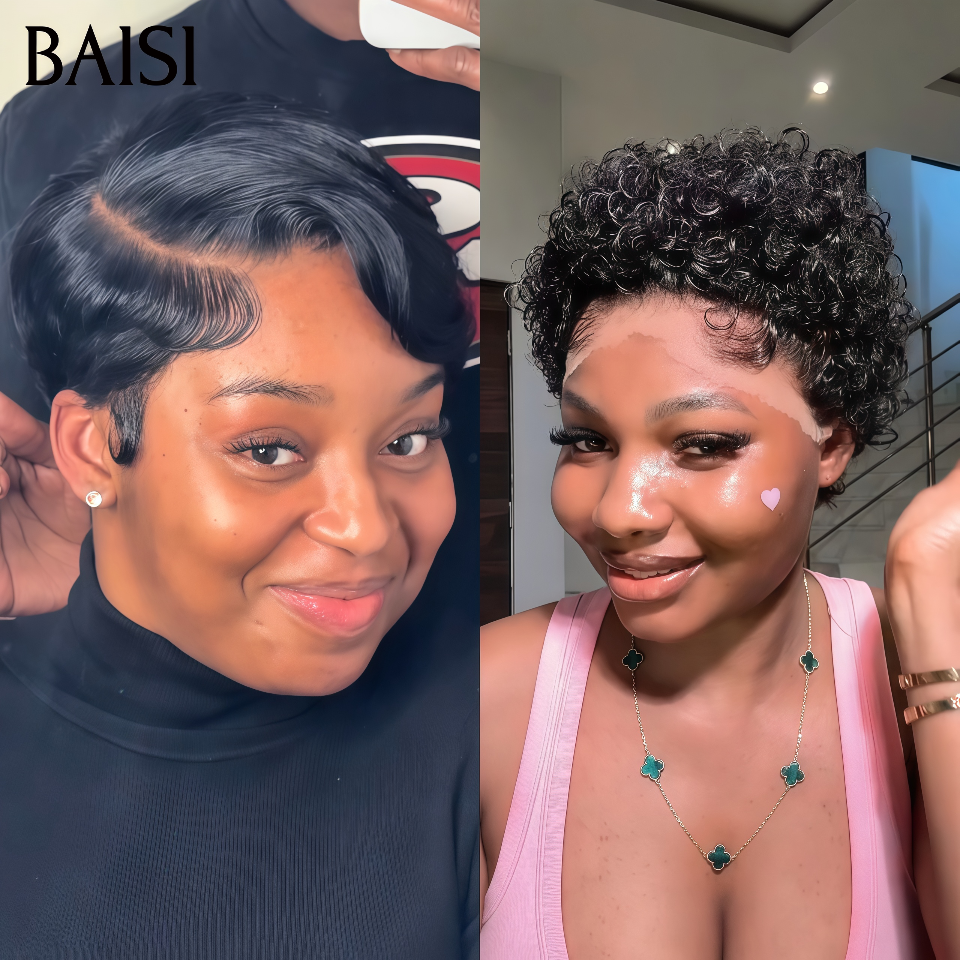 BAISI 2 Perruques Pixie 13x4 Lace Frontale Courte Lisse et Curly 88€ Prix Imbattable Couleur Noir en 100% cheveux humains