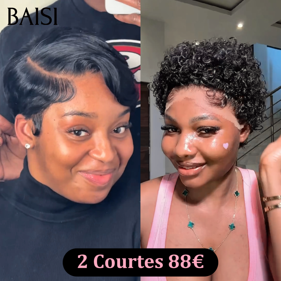 BAISI 2 Perruques Pixie 13x4 Lace Frontale Courte Lisse et Curly 88€ Prix Imbattable Couleur Noir en 100% cheveux humains