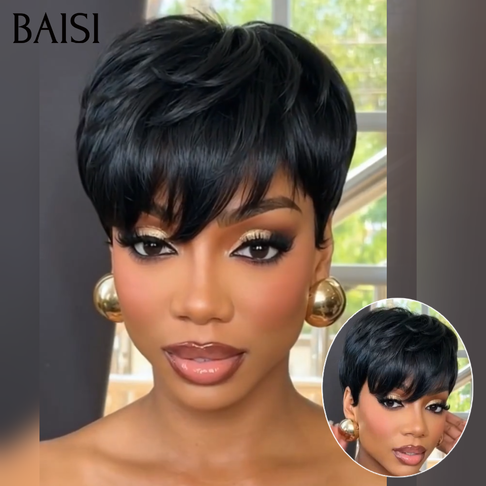 BAISI  Perruque Pixie lisse Sans Lace Sans Colle Facile à Porter Pratique pour Sortir en Urgence En 100% Cheveux Humains