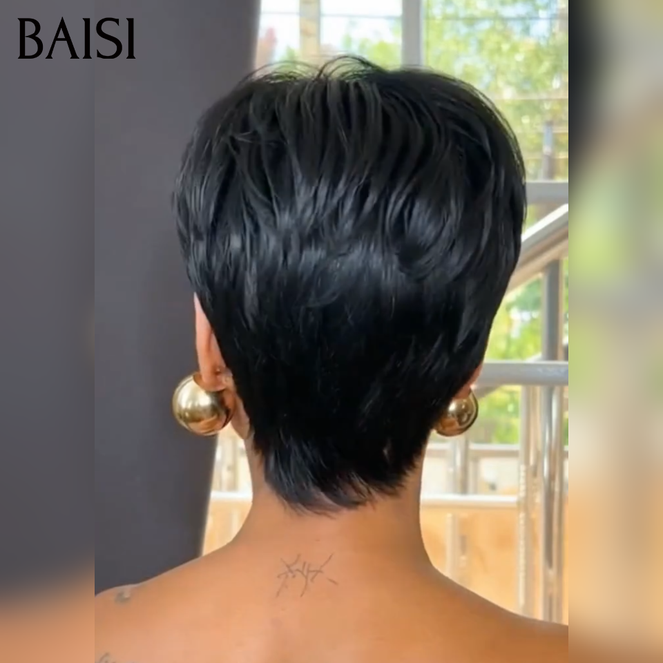 BAISI  Perruque Pixie lisse Sans Lace Sans Colle Facile à Porter Pratique pour Sortir en Urgence En 100% Cheveux Humains