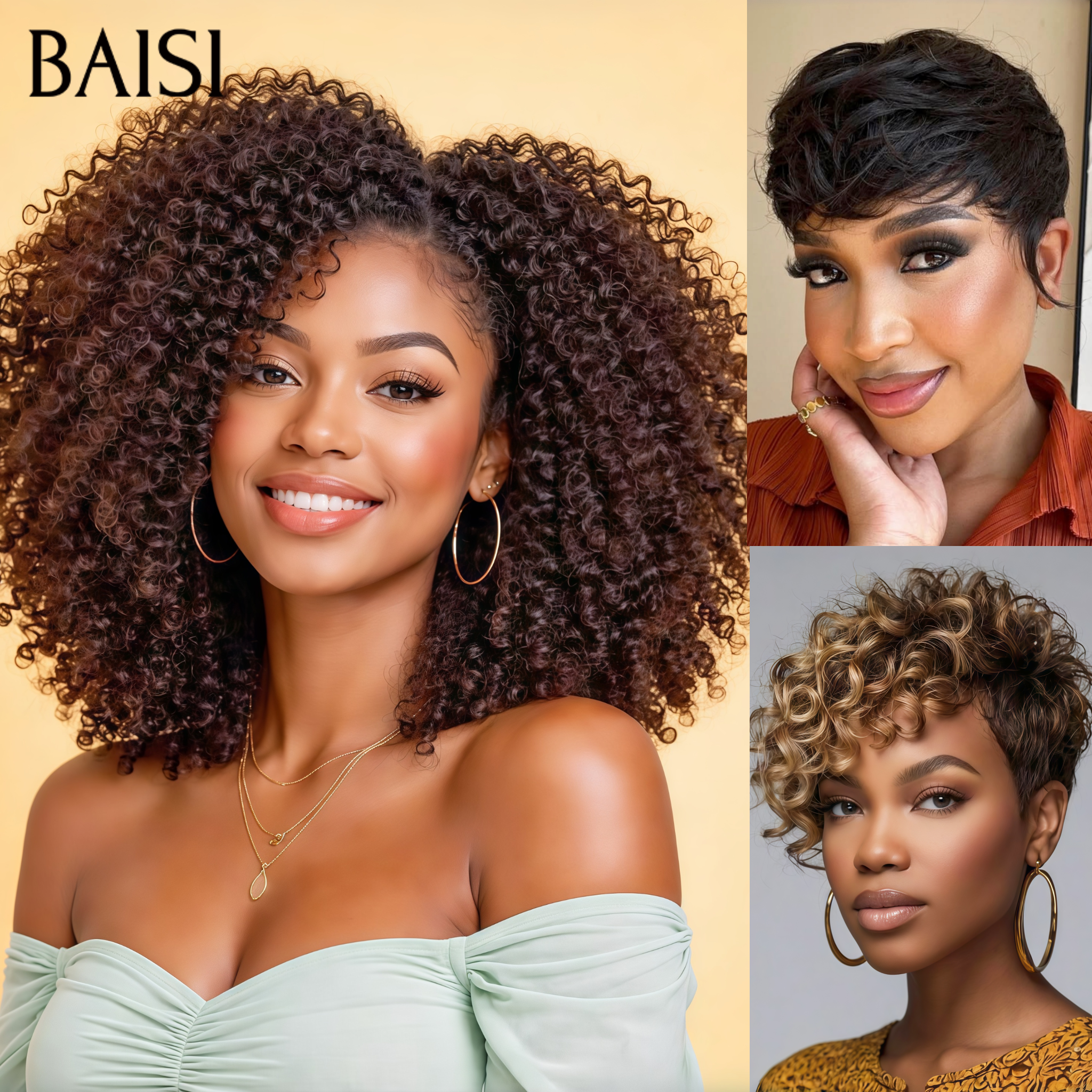 BAISI 1 carton coupe courte 220€ ou 3 Perruques Prix Grossite 220€ curly 14p + pixie 8p + coupe 6p Facile à Revendre en 100% Cheveux Humains