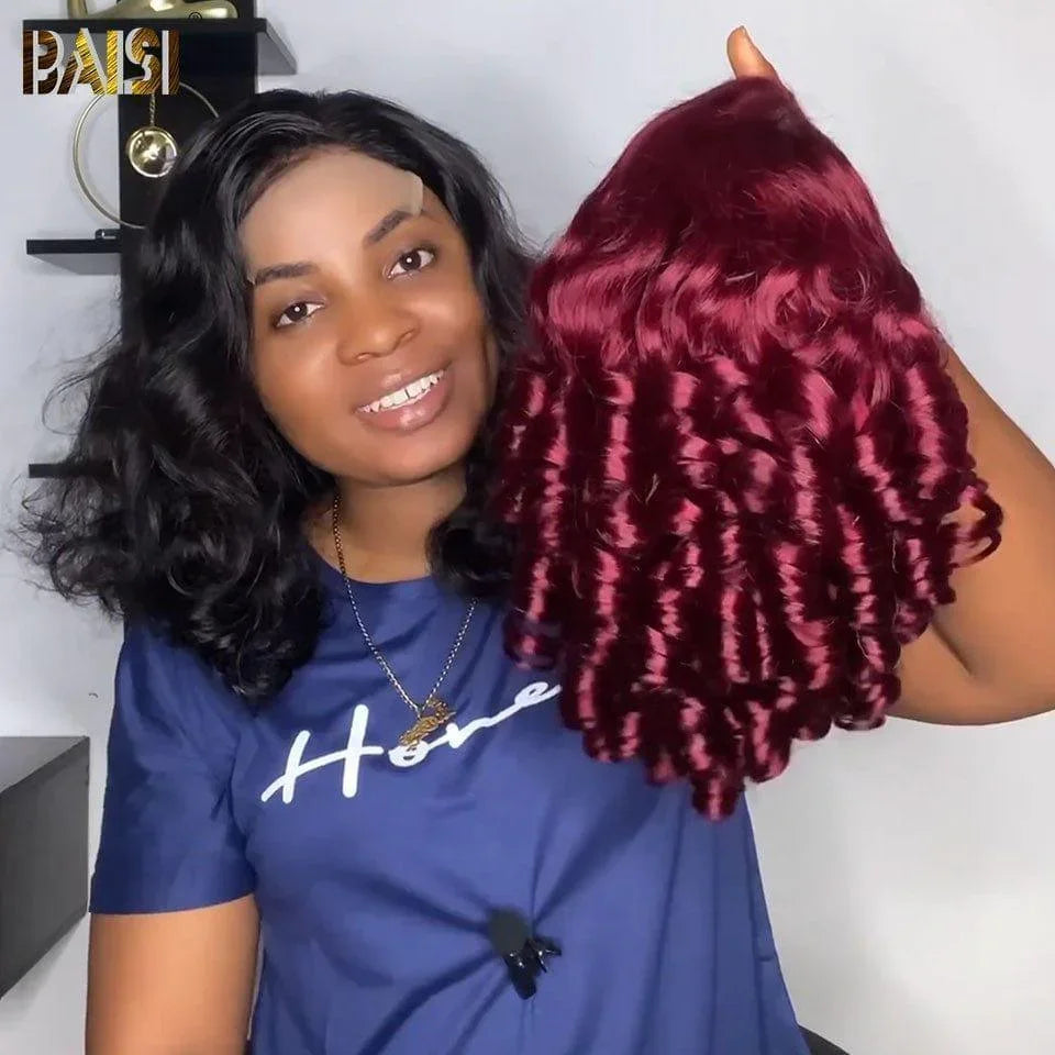 BAISI 13x4 Frontal Perruque Bouncy curl 066C 18 Pouces 149€ en  couleurs Bordeaux 99J# en 100% Cheveux Humains