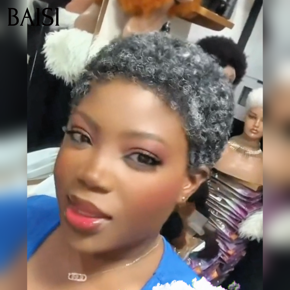 BAISI Perruque Pixie Coupe Courte Gris Tacheté Noir Poivre et Sel 65€ avec Lace Frontal 13x4 en 100% Cheveux Humains