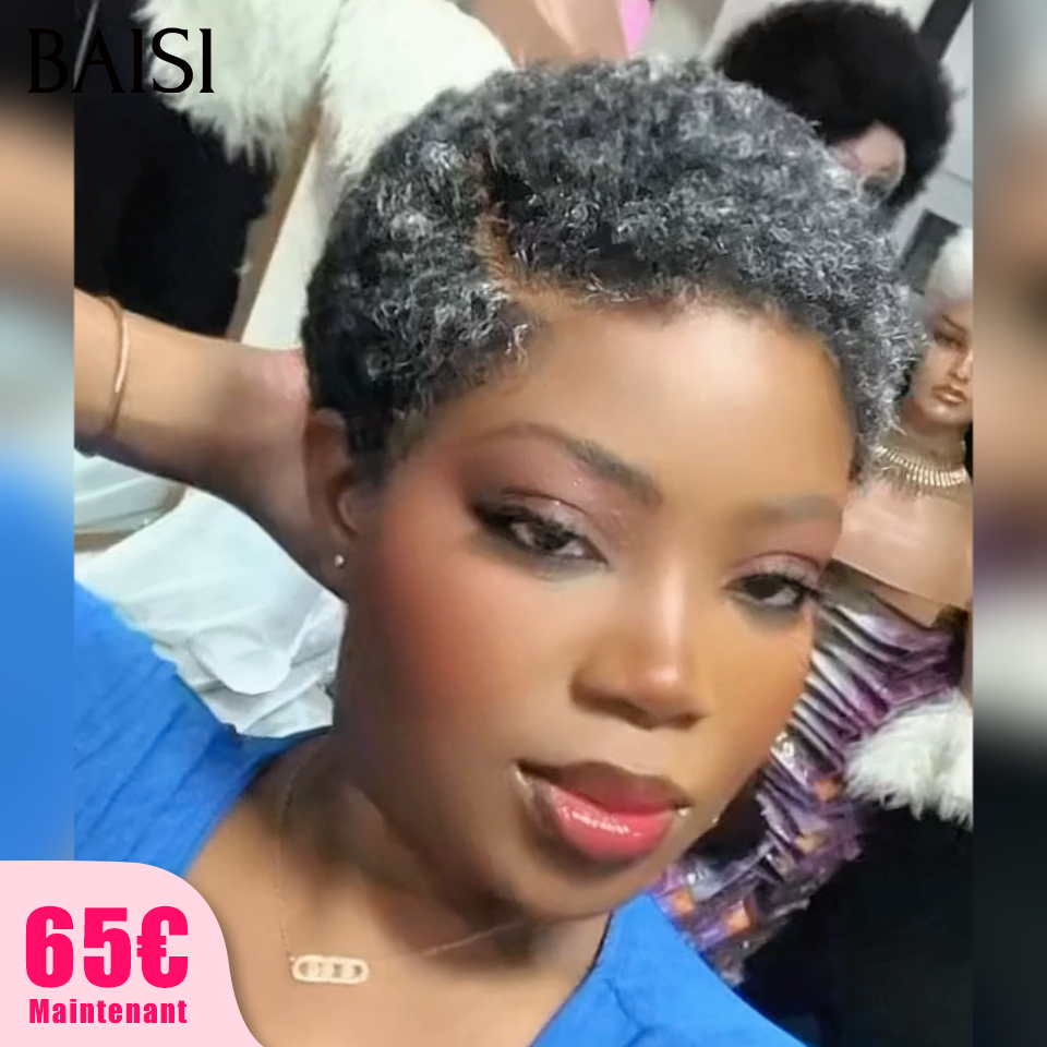 BAISI Perruque Pixie Coupe Courte Gris Tacheté Noir Poivre et Sel 65€ avec Lace Frontal 13x4 en 100% Cheveux Humains