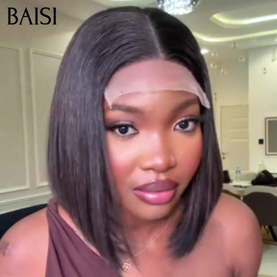 BAISI Lot de 2 Perruques Lace Frontal 179€ Achetez 1 Perruque Lisse 24Pouces + 1 Perruque Gratuite Bob Lisse 10Pouces  en Couleur Noir 100% vrais cheveux humains