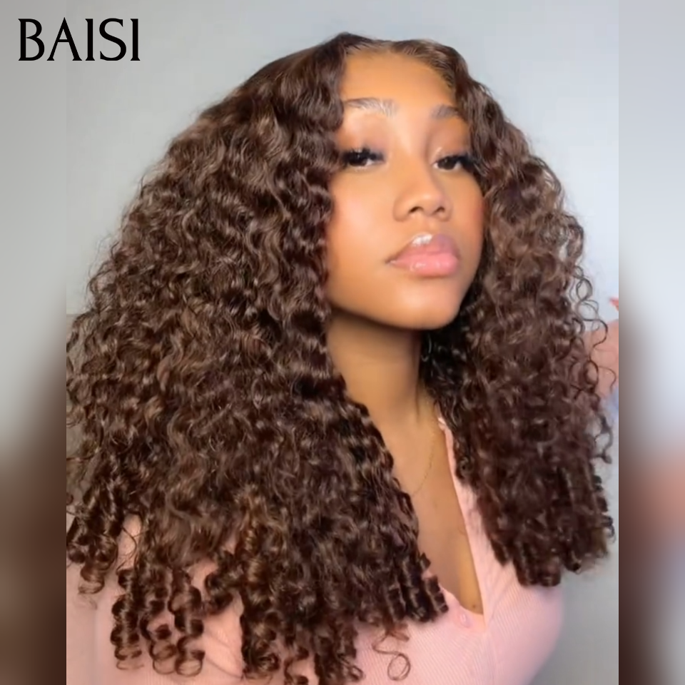 BAISI Perruque Curly Burmese Marron en Lace Frontal 13x4 Sans Colle  22 Pouces 189€ Lace Deja Coupé en 100% Cheveux Humains