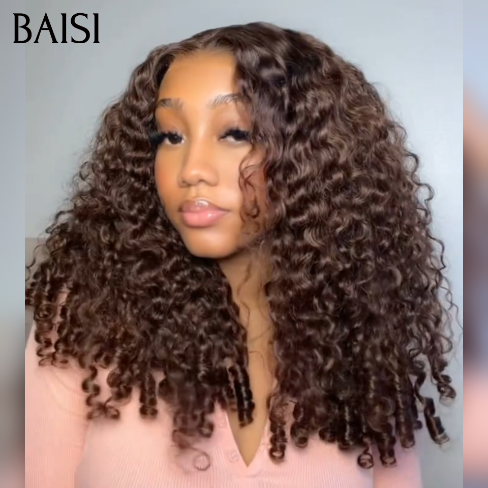 BAISI Perruque Curly Burmese Marron en Lace Frontal 13x4 Sans Colle  22 Pouces 189€ Lace Deja Coupé en 100% Cheveux Humains