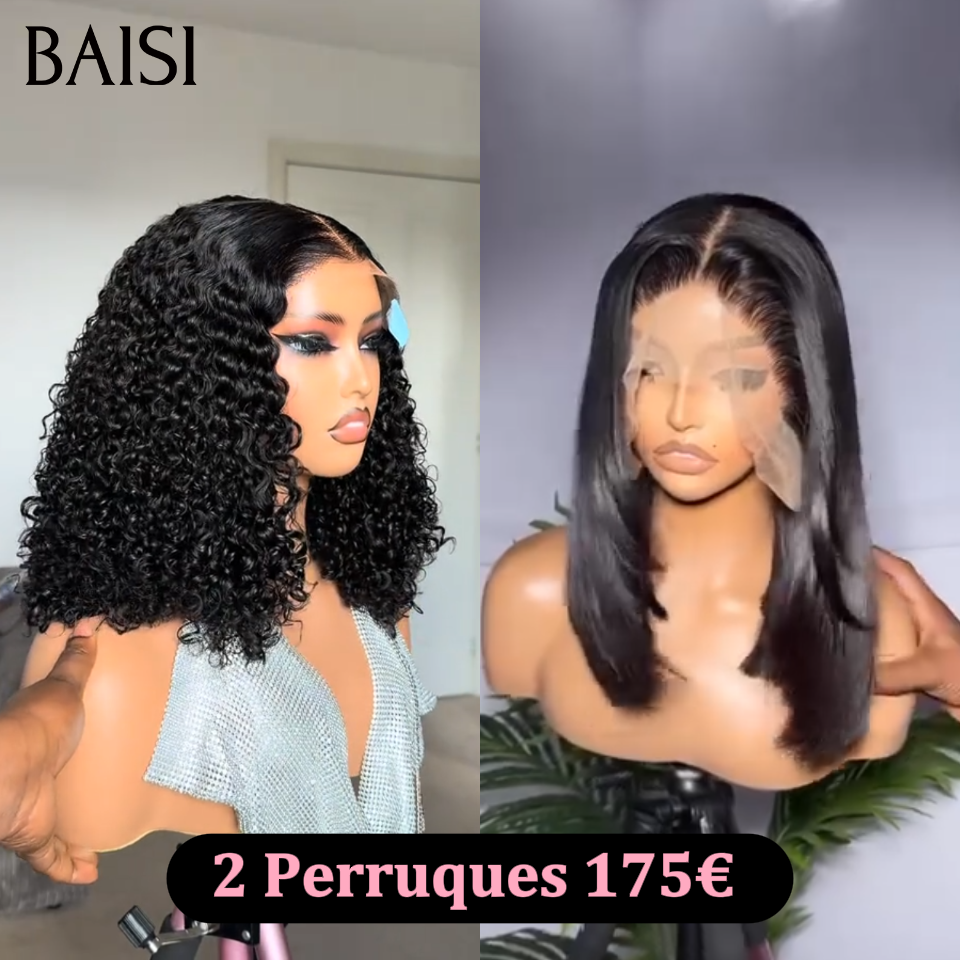 BAISI 2 Perruques Bob Lace frontal 13x4 12pouces lisse + 12pouces curly pour 175€  Seulement  Qualité Supérieure 100% vrais cheveux humains