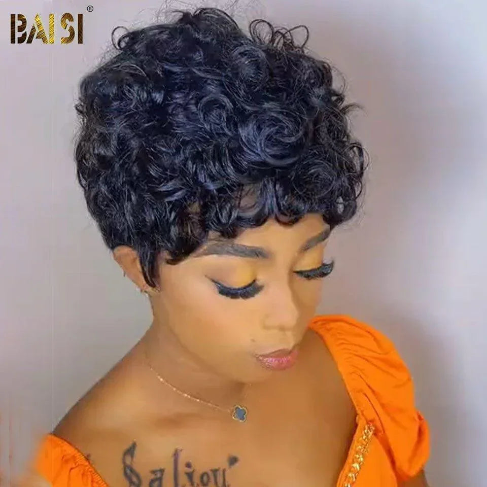 BAISI  Perruque Pixie bouclé  petite coupe Noir 6 pouces 59€ ou 13X4 pixie Lisse 1B#Mix30# 78€ ou blonde 613# 89€ En 100% Cheveux Humains