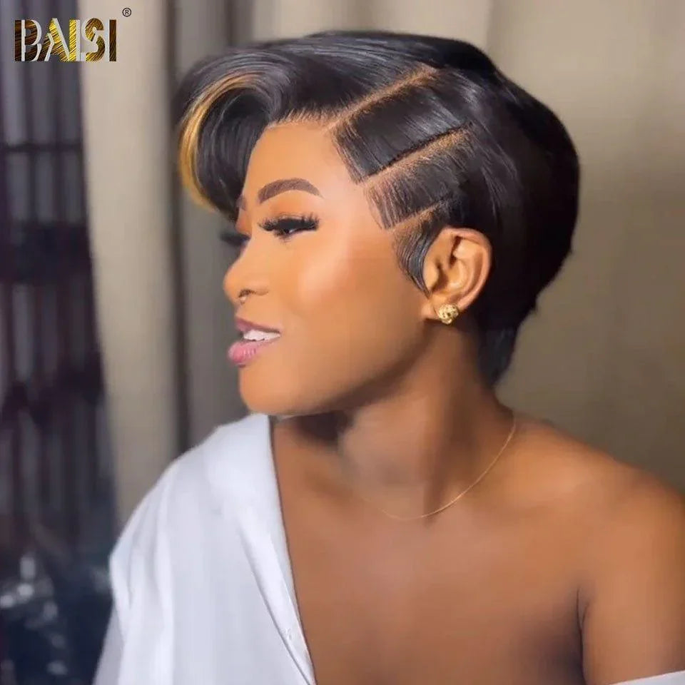 BAISI Perruque Full Lace 100% Cheveux Naturels Perruque Ondulée Coupe Pixie Full Lace ou Frontal Perruque personnalisée Lisse en Couleur Noir Mix Miel 1B#27# en 100% cheveux humains FR20